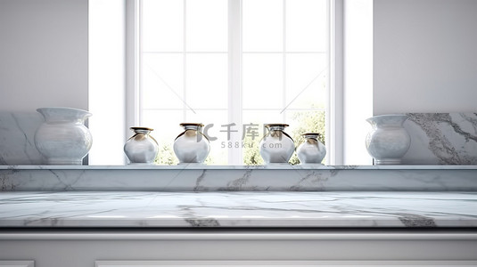 空的特写柜台上的大理石台面和装饰厨房墙的 3D 渲染前视图