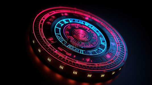 霓虹灯赌场芯片照亮了黑色背景下赌博和游戏的象征