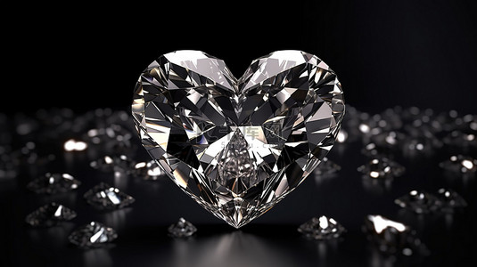 心形钻石背景图片_黑色背景宽图像下心形钻石的 3D 渲染