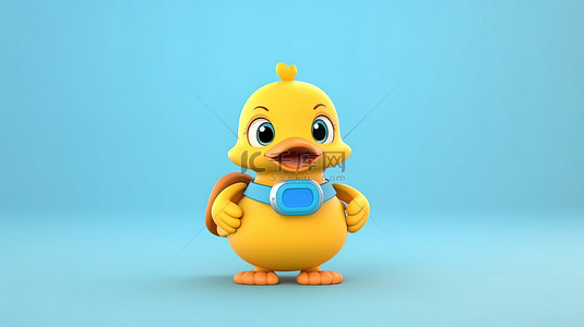 黄色卡通鸭人健身吉祥物，黄色背景 3D 设计上带有蓝色跟踪器