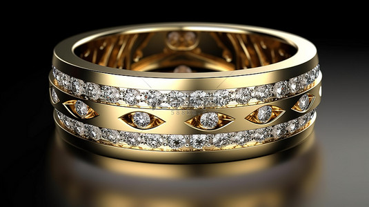 黄金首饰背景图片_精美的 3D 渲染黄金戒指，饰有令人惊叹的钻石