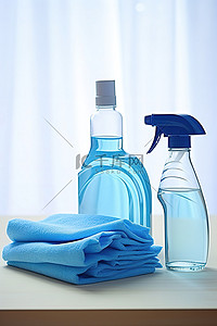 蓝色清洁背景图片_蓝色清洁喷雾瓶和蓝色布