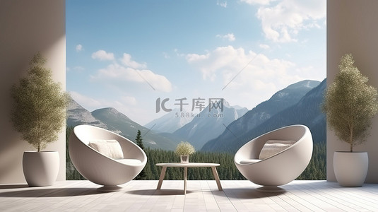 休闲的背景图片_最小的户外休闲露台和座椅，带有令人惊叹的山景 3D 插图