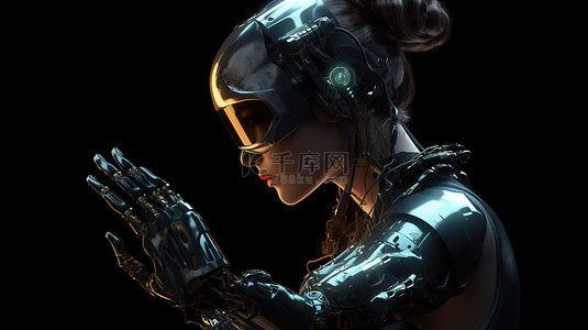 3D 渲染中具有张开手和护目镜的女性机器人