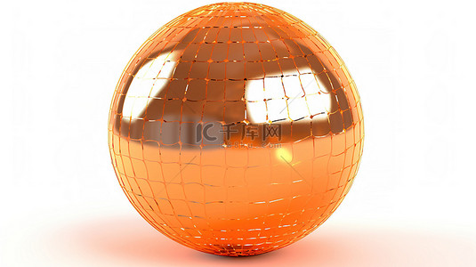 白色背景上具有发光和反射效果的橙色金属迪斯科球渲染