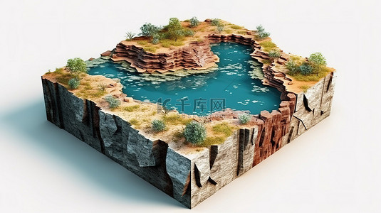 带有层叠瀑布和卵石海岸线的湖泊的 3D 插图