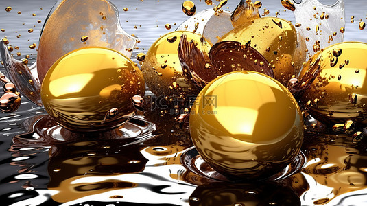 日料日料背景图片_插图 3D 复活节彩蛋滴着金色油漆