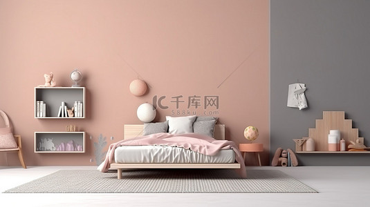地毯背景图片_3D 极简主义儿童卧室，配有床书架地毯和靠在彩绘墙上的模型框架