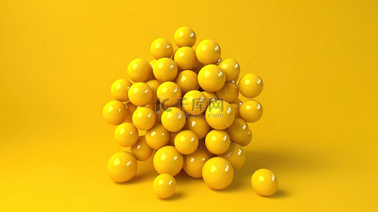 在孤立的黄色背景 3d 上渲染的具有圆形图案的黄色球簇