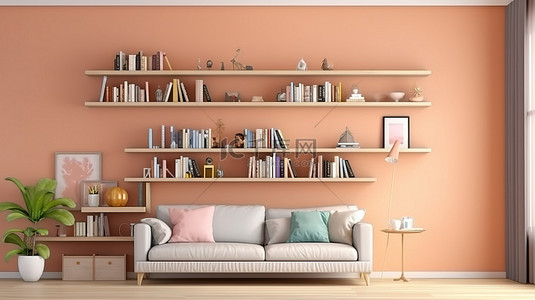 表现背景图片_时尚的客厅内部配有空墙帆布书架和舒适的沙发 3D 艺术表现