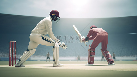 球员背景图片_英格兰与西印度群岛板球比赛的 3D 渲染，配有角色球员和锦标赛装备