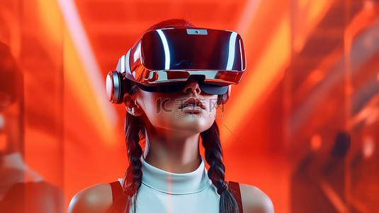 戴着 VR 眼镜沉浸在元宇宙虚拟世界中的女性头像的渲染 3D 图像