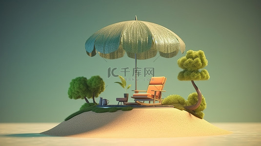 雨伞背景图片_带球的 3D 渲染热带岛屿上的躺椅和雨伞