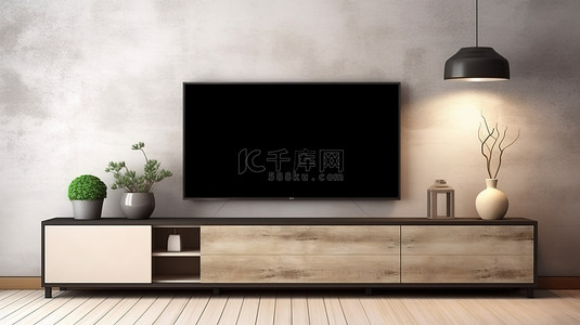 现代客厅与装饰柜框架上的智能电视禅宗风格 3d 渲染