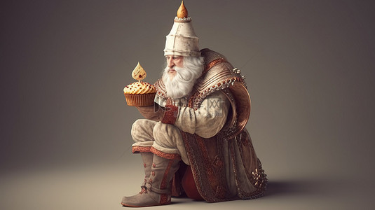古代卡通人物背景图片_中世纪人物沉迷于纸杯蛋糕 3D 插图