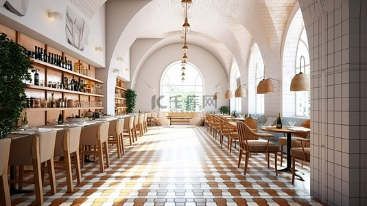咖啡馆酒吧内部装饰有圆形瓷砖的 3D 渲染