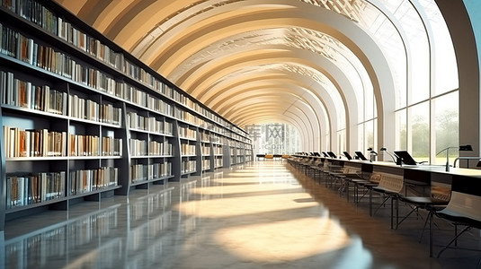 现代图书馆建筑室内设计 3D 渲染