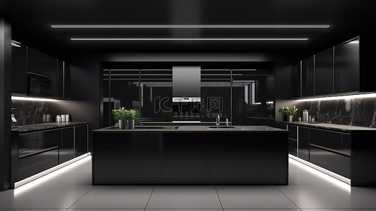 极简主义风格的黑色厨房内饰与现代奢华的 3D 渲染