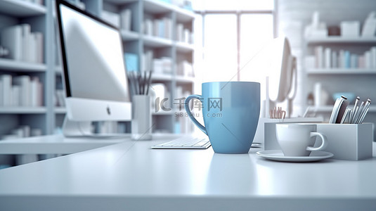 办公桌文具背景图片_3D 渲染办公桌，配有电脑杯和模糊背景的用品