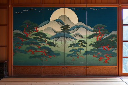 福背景图片_墙上挂着蓝色的画，旁边是一些木板