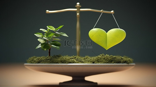 绿色与环保背景图片_平衡爱与生态心和幼苗在鳞片上的3D渲染