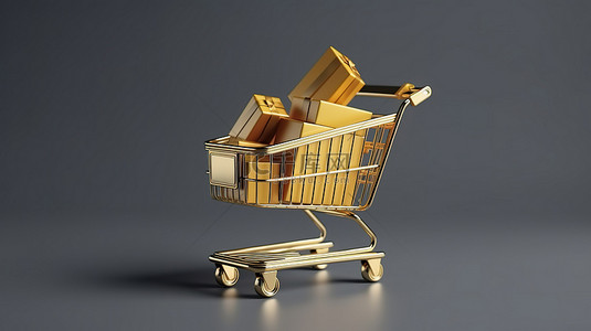 豪华的黄金购物车和信用卡在时尚的灰色背景 3D 渲染插图