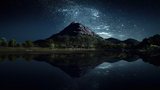 令人惊叹的 3D 湖渲染中山丘的星夜倒影