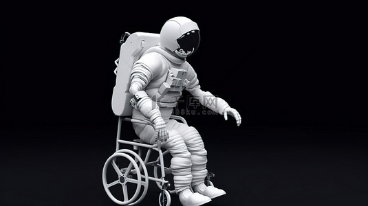 拐杖糖简笔画背景图片_宇航员坐在轮椅上使用拐杖在航天器中操纵的 3D 插图
