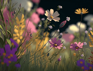 紫色粉色小花阳光田野草地花卉卡通可爱的背景