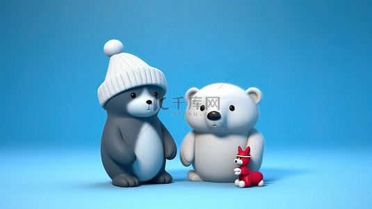 蓝色背景上的假日主题熊和企鹅，具有可定制的白色空间 3D 渲染