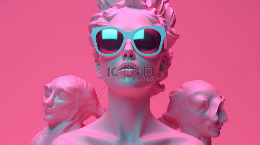 时尚美女时尚背景图片_现代波普艺术风格 3D 插图金星女神雕塑戴着粉色太阳镜