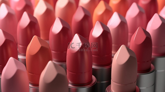 华丽的嘴唇，一组 3D 渲染的红色粉色和珊瑚色唇膏特写