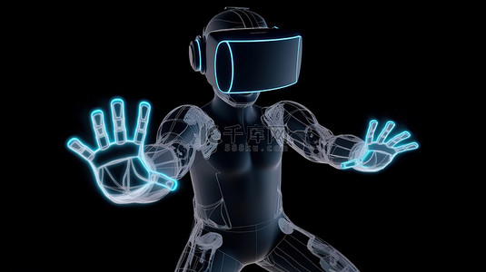沉浸式体验 操纵杆和眼镜中的 VR 角色漂浮在数字世界之上