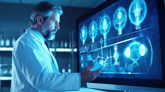 男医生在电脑显示屏上检查医疗记录，同时拿着剪贴板 3D 合成图像
