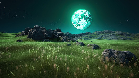 星空草地背景图片_华丽的 3D 渲染神秘的夜景，满月灿烂的星星和茂盛的草地