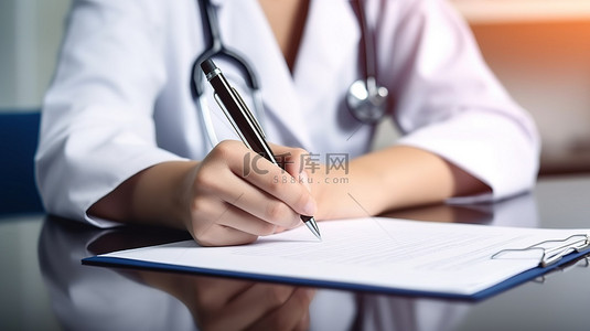 健康艺术字背景图片_3D 合成图描绘了女医生在办公桌前写处方时的腹部