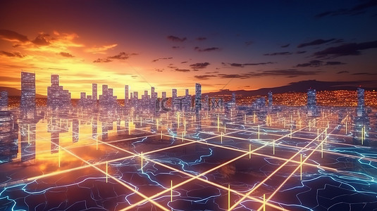 系统背景图片_日落时具有智能电网可再生能源系统的可持续智能城市的 3D 渲染