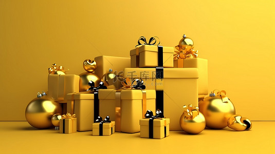 3D 渲染黄色背景，带礼品盒，祝您圣诞快乐，新年快乐