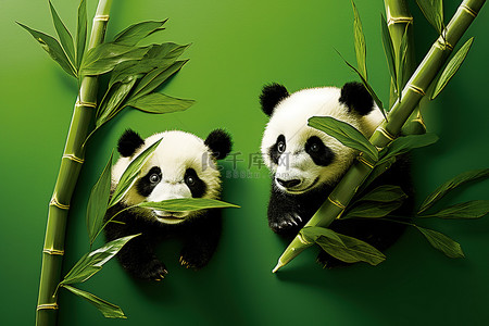 两只用竹子竹棍和竹叶制成的熊猫
