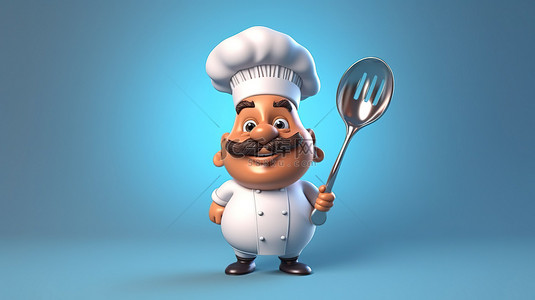 卡通风格 3D 插图的厨师挥舞着大勺