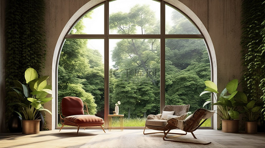 现代室内空间设有宽敞的拱形窗户和风景如画的花园景观以及别致的座椅 3D 概念
