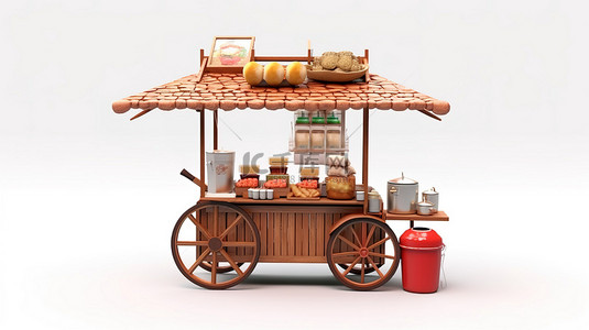 亚洲街头食品面条车的粘土风格 3D 渲染，白色背景上有肉丸和木椅