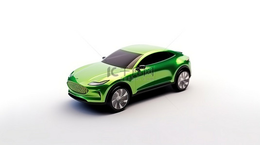 奔驰背景图片_具有绿色家庭主题的革命性电动 SUV 汽车以白色背景的 3D 渲染呈现