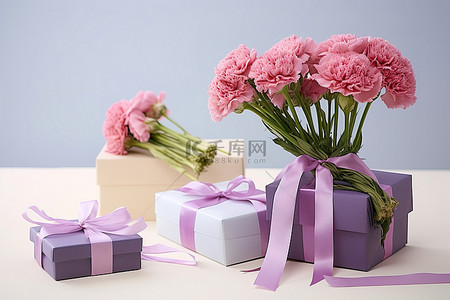 母亲节高分辨率背景图片_粉色康乃馨和领结花，配有小礼物和盒子