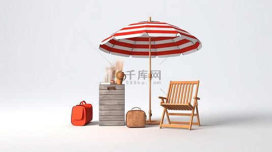 白色背景，具有 3D 渲染的海滩场景，配有木板伞椅救生圈和手提箱