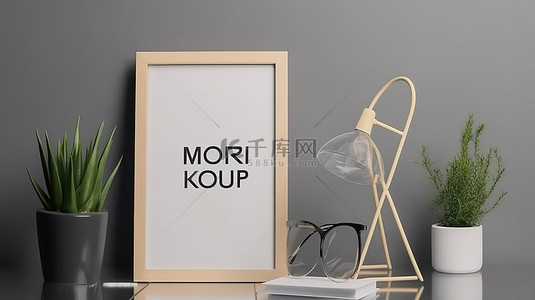 海报模板背景图片_桌子和台灯旁边的相框上写着“morry kup”
