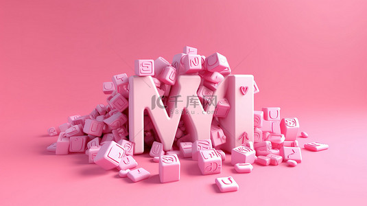 海报字体背景图片_粉红色背景上的 3D 渲染五月主题字母