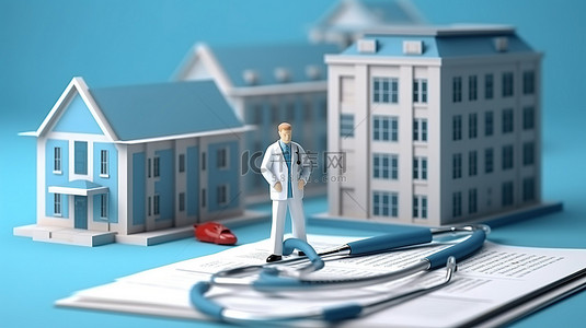 卫生背景图片_卡通风格 3D 插图医生持有健康保险合同，强调医疗保健概念