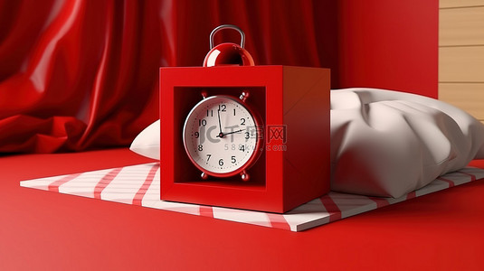 圆形木盒子背景图片_社交媒体发布时尚红色闹钟和盒子中的 3D 抽象物体高级图像