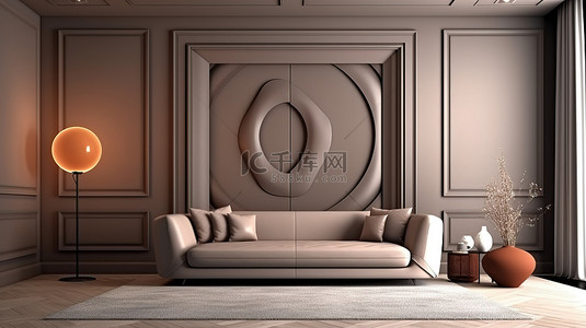 现代客厅配有别致的布艺沙发和装饰镶板门 3D 渲染